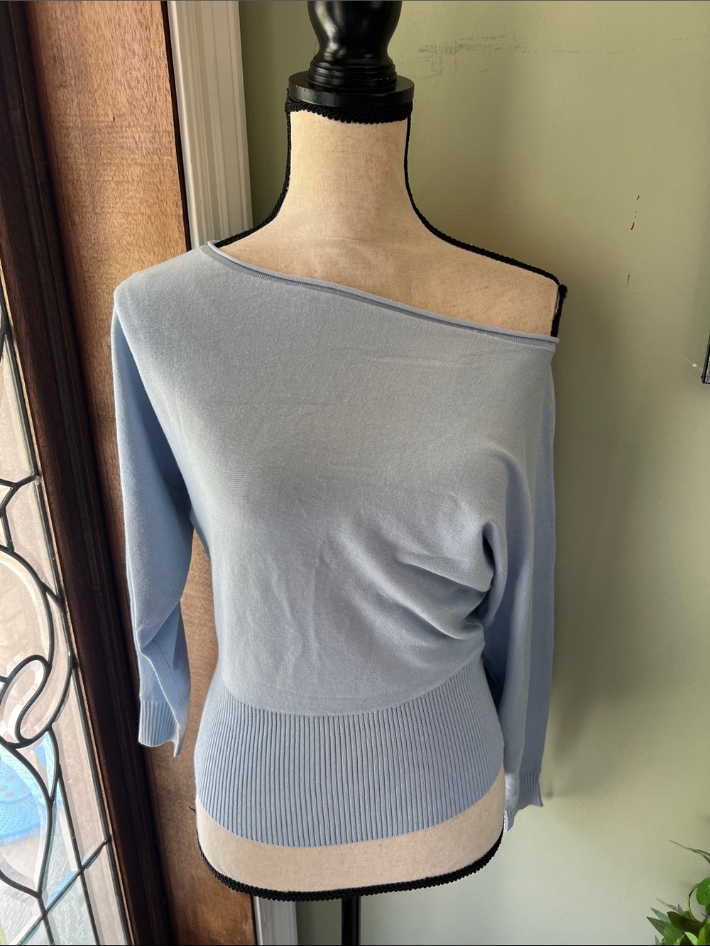 Light Blue Off-the-Shoulder Ribbed-Waist Sweater